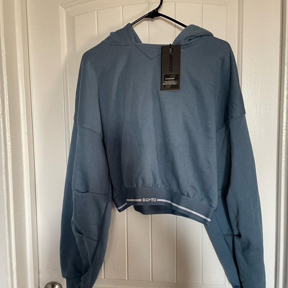 BOO TEE Stretch Cotton Fleece Cropped Hoodie in Steel Blue - Picture 9 of 11